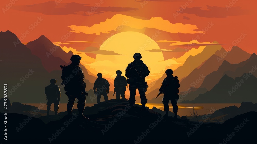 Silhouette Of A Solider Saluting Against the Sunrise. Neural network AI generated art