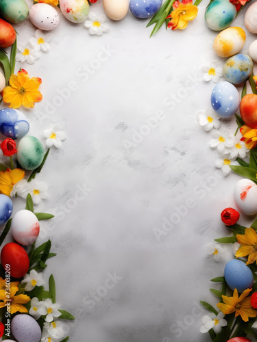 Easter egg border with spring flowers on textured backdrop