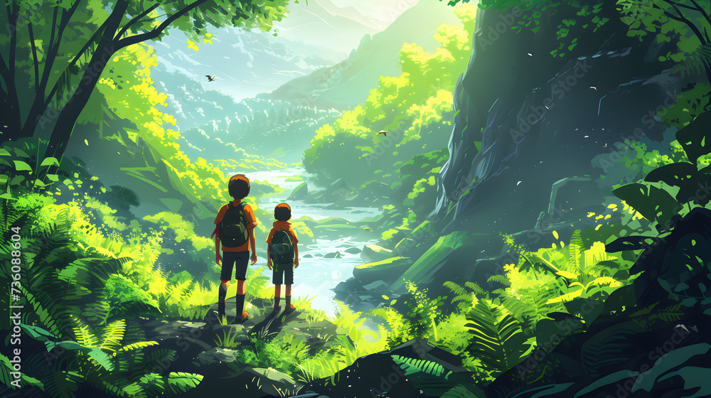 Kids on a nature hike through a lush forest, exploring the beauty of the outdoors and enjoying a serene clearing. Kids on a nature hike through a lush forest, exploring the beauty of the outdoors and enjoying a serene clearing.