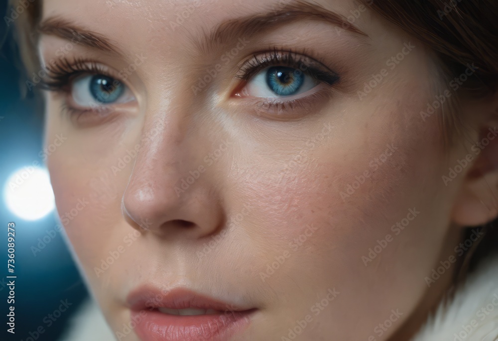 Close-up macro portrait of a female face. A woman with open blue eyes and daytime cosmetic makeup. A girl with perfect skin and freckles. Close-up macro portrait of a female face. A woman with open blue eyes and daytime cosmetic makeup. A girl with perfect skin and freckles.