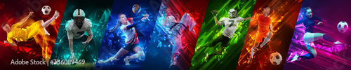 Collage made of people, men and women, athletes of different sports in motion during game over multicolored background in neon with polygonal elements. Sport, competition, tournament, dynamics concept