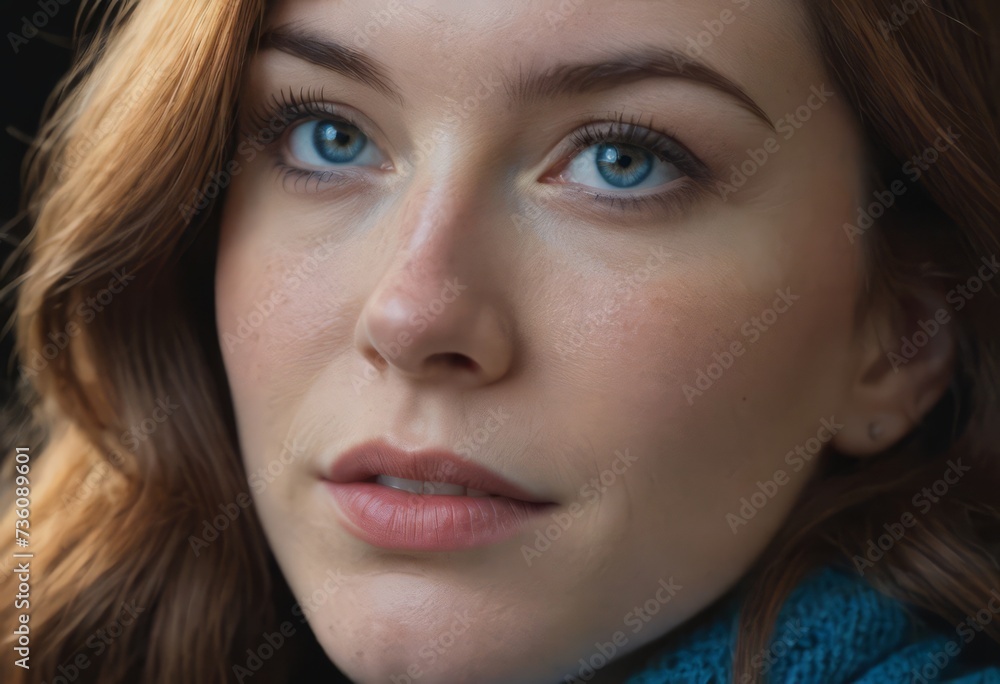 Close-up macro portrait of a female face. A woman with open blue eyes and daytime cosmetic makeup. A girl with perfect skin and freckles. Close-up macro portrait of a female face. A woman with open blue eyes and daytime cosmetic makeup. A girl with perfect skin and freckles.