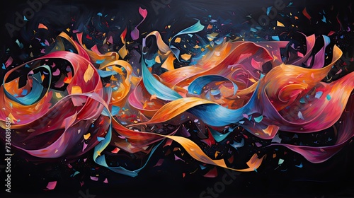A dynamic and energetic display, as a kaleidoscope of confetti swirls and dances through the air, each piece reflecting a different hue against the deep, velvety blackness of the background