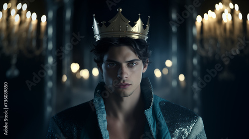 
handsome brunette with blue eyes wearing a crown. fantasy prince or king.  photo
