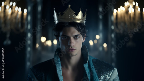 
handsome brunette with blue eyes wearing a crown. fantasy prince or king. 