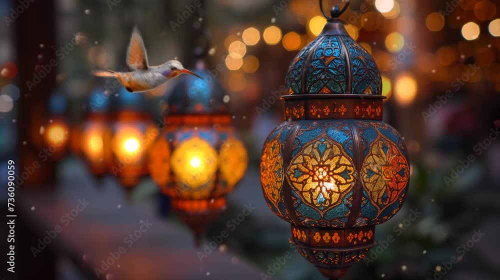 Row of lantern with a bird. Seamless looping time-lapse 4k video animation background Row of lantern with a bird. Seamless looping time-lapse 4k video animation background