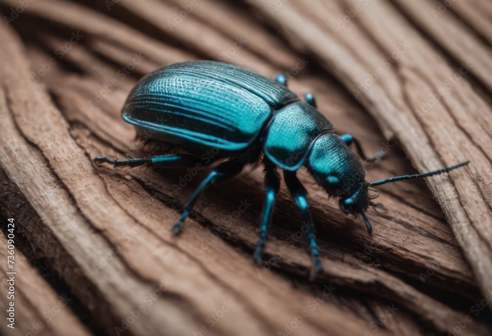 Close-up of a shiny blue beetle on a wooden surface in a forest with a blurred background Close-up of a shiny blue beetle on a wooden surface in a forest with a blurred background