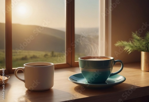 A table with a coffee mug. Sunlight. Beautiful view of the mountains on a sunny day through the window in a private house.
