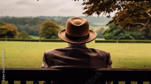 Stylish man in beige attire sitting alone on bench in the park, concept of tranquil quiet luxury, banner 