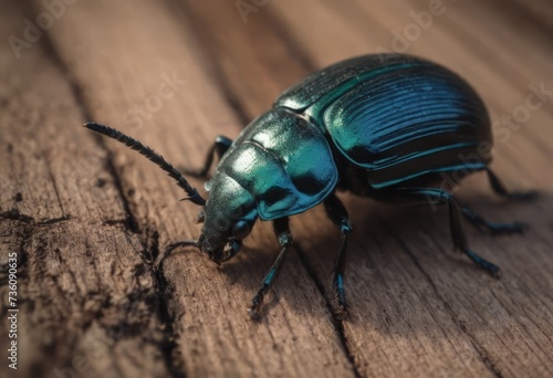 Close-up of a shiny blue beetle on a wooden surface in a forest with a blurred background