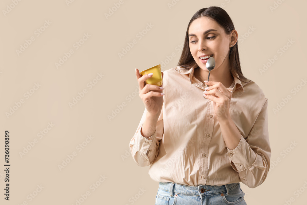 Thoughtful young woman with tasty yoghurt on light background Thoughtful young woman with tasty yoghurt on light background