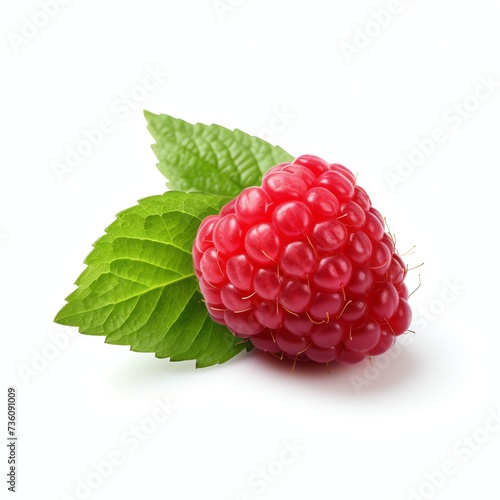 a Fresh raspberry with leaves, studio light , isolated on white background