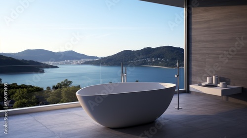 Contemporary bathroom with bath  large windows  and serene sea views  minimalist luxury concept  banner
