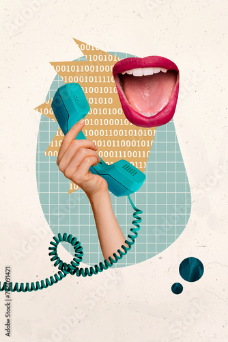 Foto Vertical creative collage poster woman toothy mouth face fragment speech talk vi