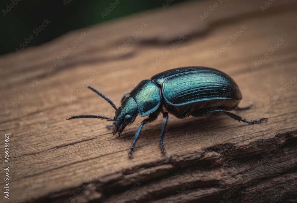 Close-up of a shiny blue beetle on a wooden surface in a forest with a blurred background Close-up of a shiny blue beetle on a wooden surface in a forest with a blurred background