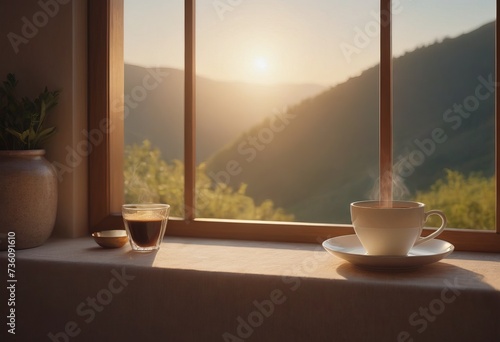 A table with a coffee mug. Sunlight. Beautiful view of the mountains on a sunny day through the window in a private house.