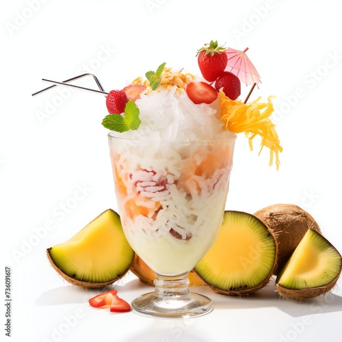 a ice dessert made from tropical fruit cocktail in coconut water, studio light , isolated on white background
