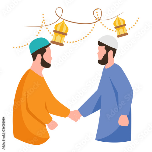 Muslims Wishing and Greetings Eid Mubarak each other concept, Indians Shaking Hands on Eid Day vector design, Eid al-Azha or Eid ul Kabir Symbol Hajj Sign, Muslim religious Festival Stock illustration