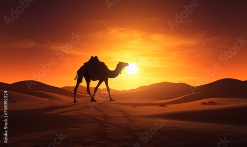 A Camel Journey Across the Majestic Desert at Sunset