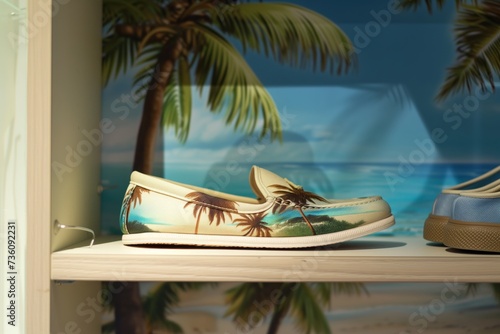 casual canvas loafers display on a shelf with beach imagery photo
