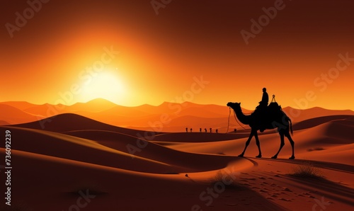A Camel Journey Across the Majestic Desert at Sunset