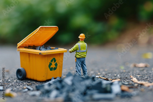 A miniature garbage man removes waste into a recycling garbage can on the street
