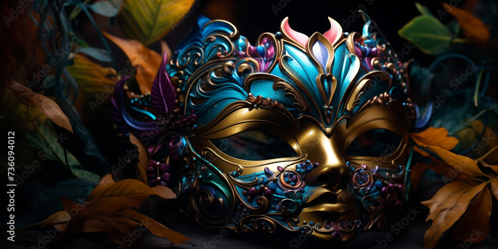 Festive carnival mask with rich decoration, attributes of the Brazilian carnival.