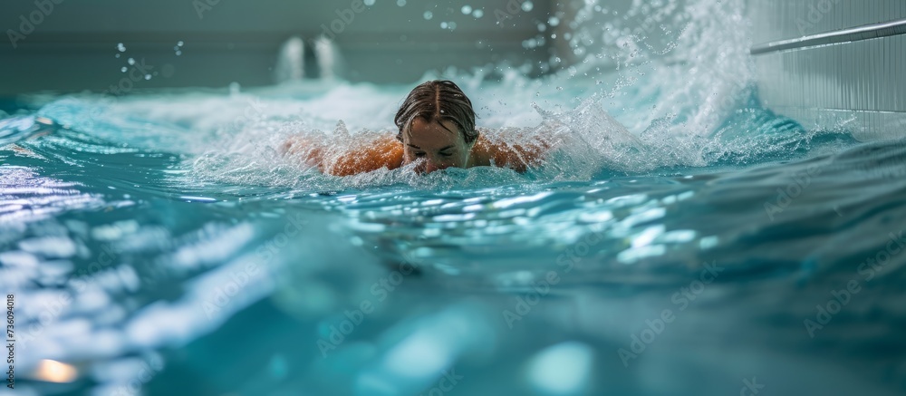 Young woman enjoying a refreshing swim in a clear blue pool on a sunny day