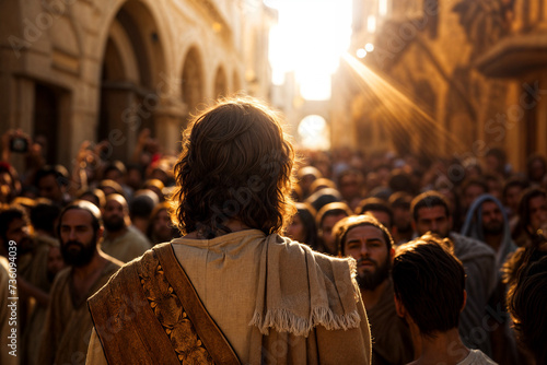 Jesus standing in Jerusalem teaching a large crowd of followers