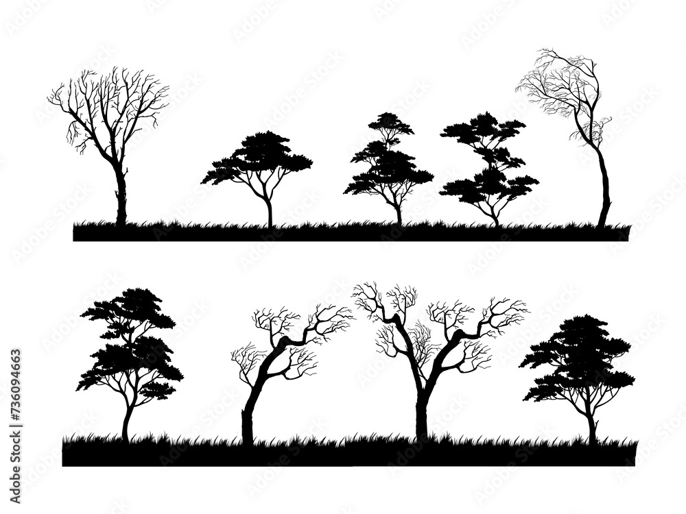 Fototapeta premium Set of variety plants and trees silhouettes vector illustration collection. Isolated on white background.