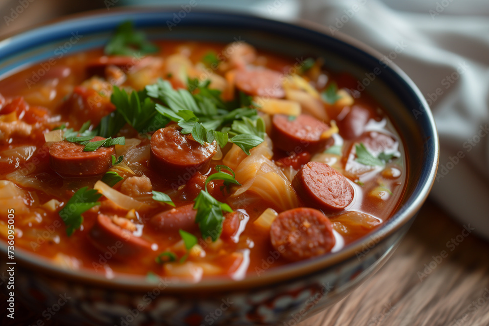 Savory cabbage soup with chorizo in a rustic setting