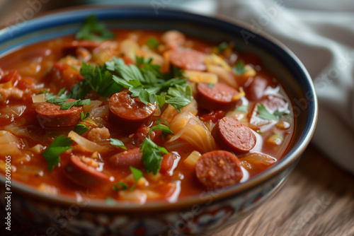 Savory cabbage soup with chorizo in a rustic setting