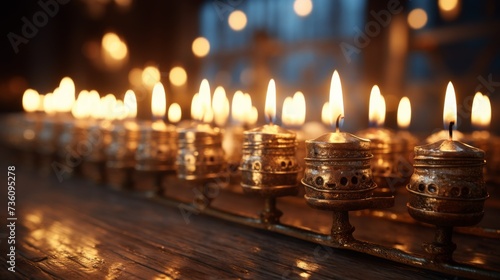 Lit Menorah With Candles on Table