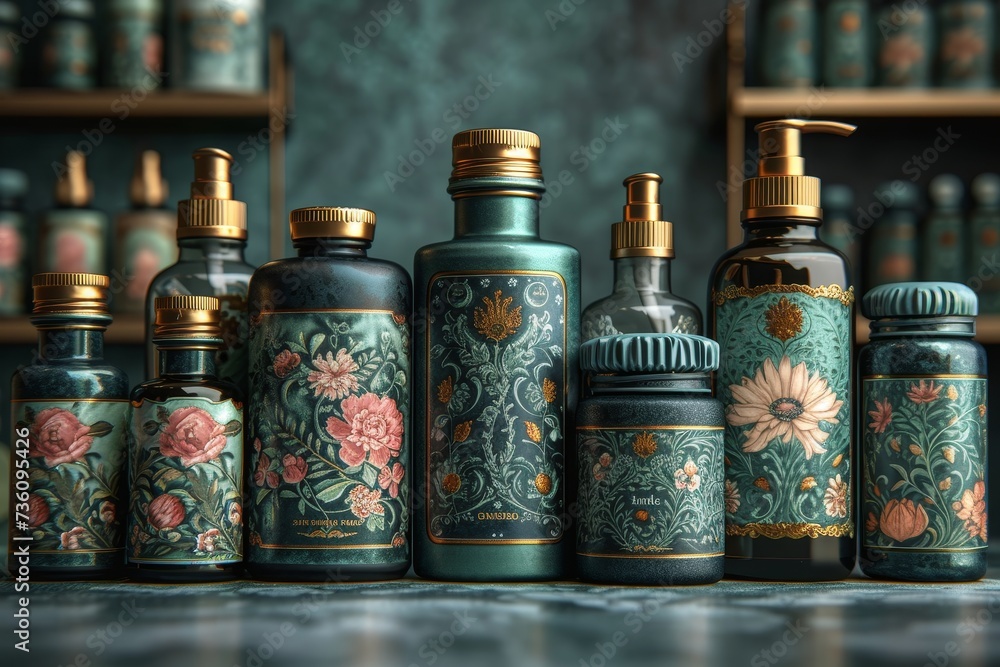 A collection of seven cosmetic bottles adorned with intricate floral patterns is elegantly displayed against a backdrop of blurred shelves filled with similar items. A collection of seven cosmetic bottles adorned with intricate floral patterns is elegantly displayed against a backdrop of blurred shelves filled with similar items.