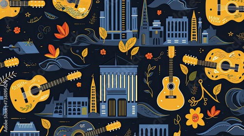 a repeating pattern that embodies the spirit of Nashville. The pattern should harmonize iconic elements such as acoustic guitars  banjos  and vinyl records to represent Nashville s deep musical roots.