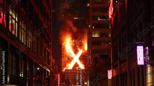 Text "X" Made Out of Buildings on Fire Between Buildings Not on Fire by Generative AI