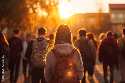 Back view of a young woman with backpack walking on the street at sunset