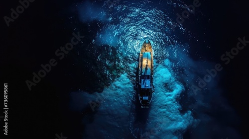 Aerial Night View of a Fishing Boat in the Middle of the Ocean Captured by Generative AI