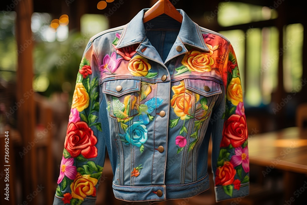 A stylish blue denim jacket adorned with colorful hand-painted flowers.