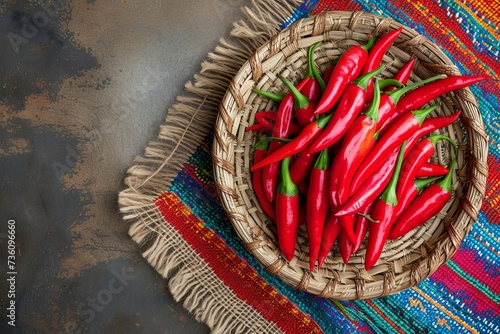 A basket filled with vibrant red peppers sits atop a table, creating a striking display, flat lay