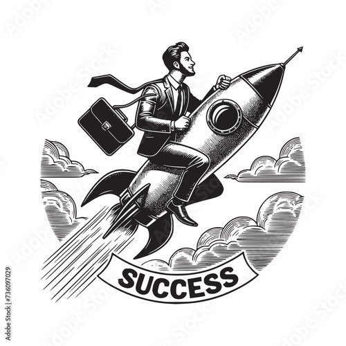 retro art businessman riding rocket success vector illustration