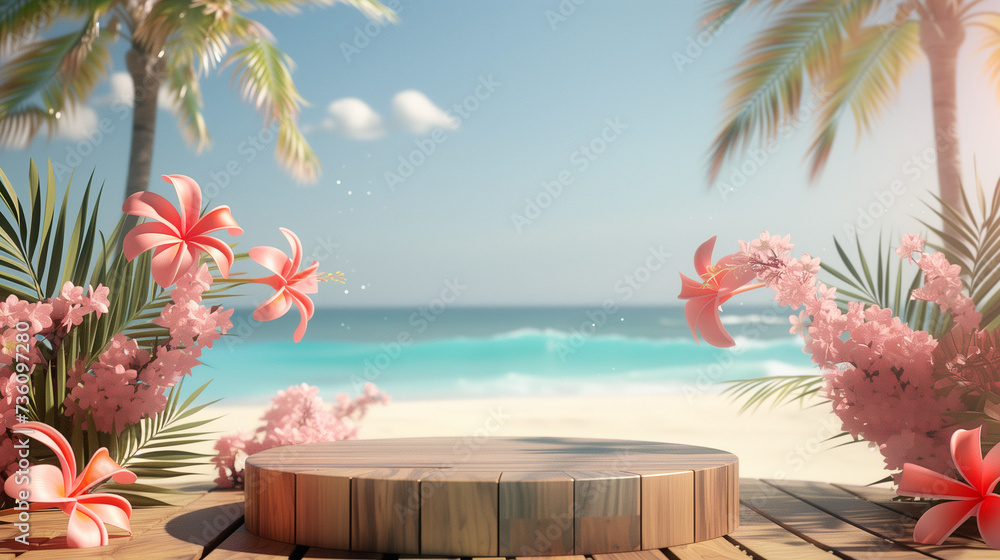 Obraz premium Summer product display on wooden podium at sea tropical beach.