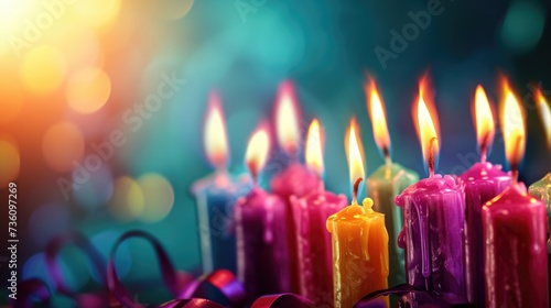 Colourful candles and blurred background with free place for text. Birthday, anniversary or event celebration banner