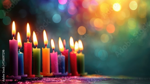 Colourful candles and blurred background with free place for text. Birthday, anniversary or event celebration banner
