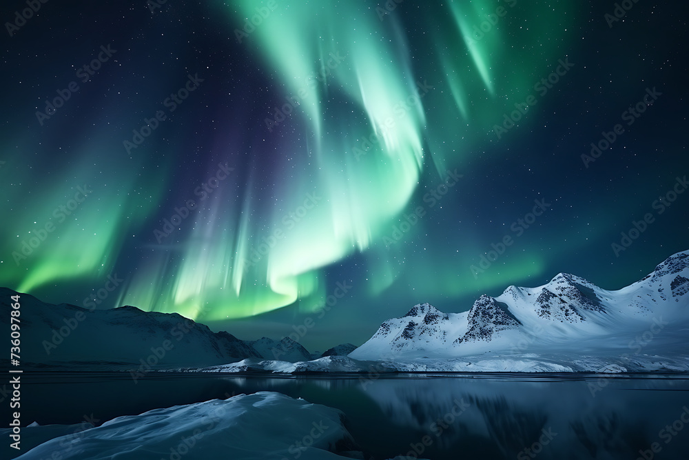 Aurora borealis, northern lights over snowy mountains in Iceland