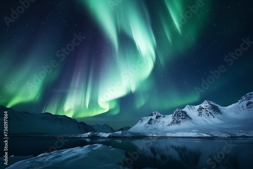 Aurora borealis, northern lights over snowy mountains in Iceland © Creative