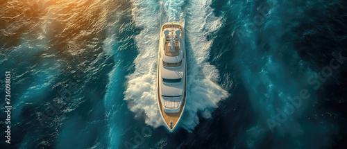 Yacht in the ocean. Aerial view of a luxury floating ship on the open ocean. Colorful landscape with a boat in the ​blue sea. Luxury cruise. Travel concept photo