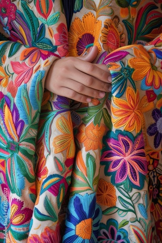 A close-up photo of a person showcasing a vibrant and colorful jacket.