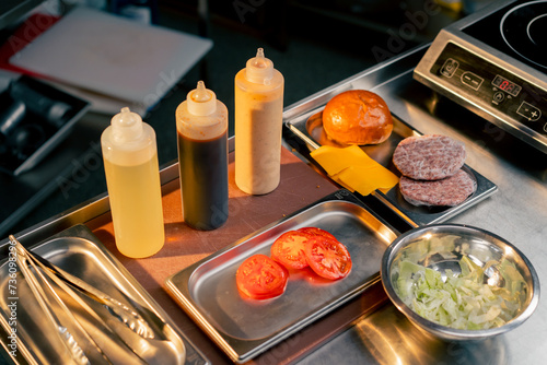 In the restaurant's kitchen there are all the ingredients to assemble burger