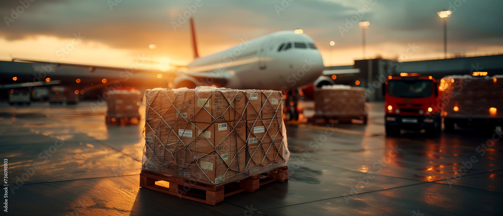 Cargo logistics containers next to an airplane at sunset. Air transport shipment is preparing to be loaded into modern cargo jets at the airport. Cargo logistics containers next to an airplane at sunset. Air transport shipment is preparing to be loaded into modern cargo jets at the airport.